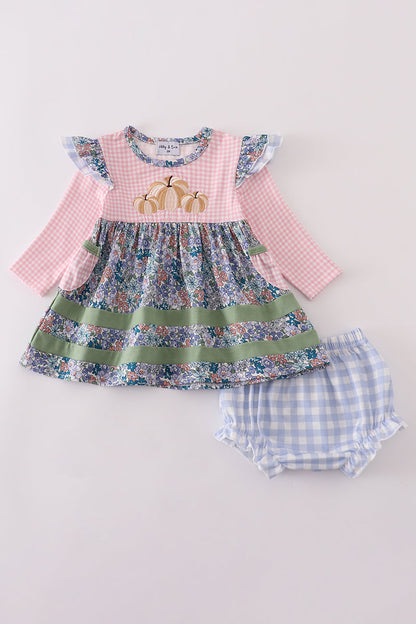 Blue floral pumpkin embroidery ruffle bloomer set
