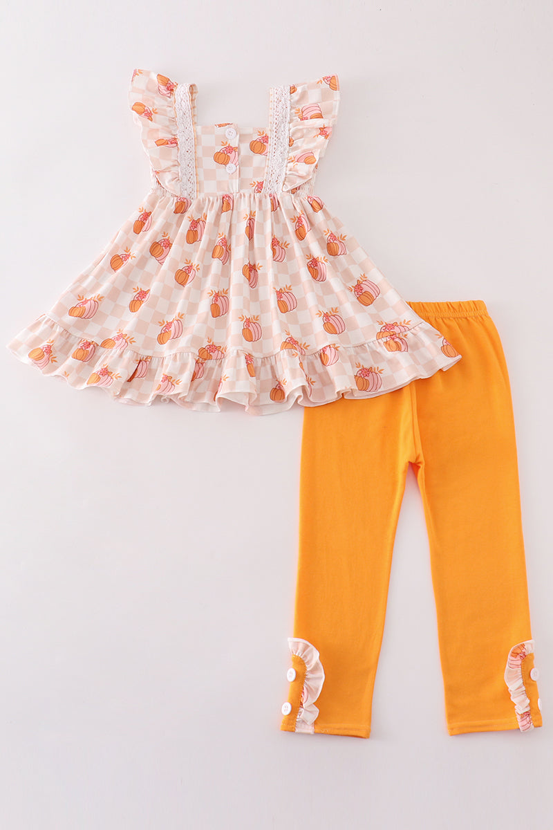 Orange pumpkin applique girl pants set