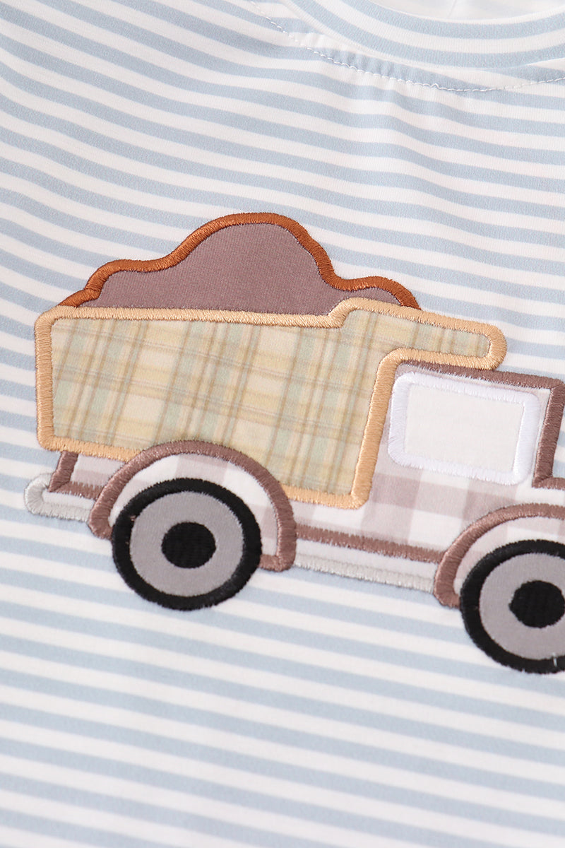 Blue stripe muck car applique boy top