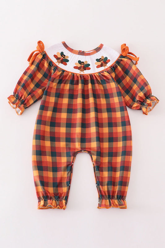 Orange turkey embroidery smocked plaid girl romper