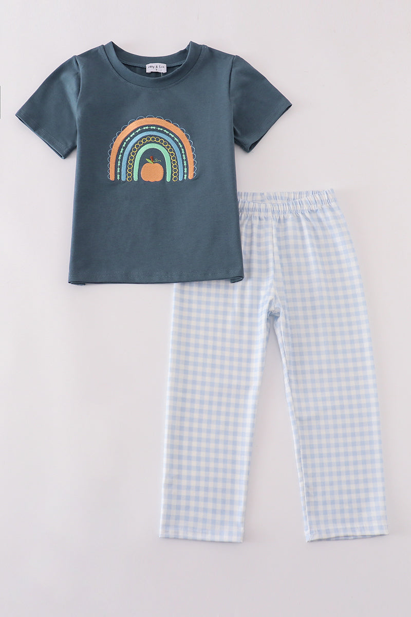 Navy rainbow pumpkin embroidery boy set