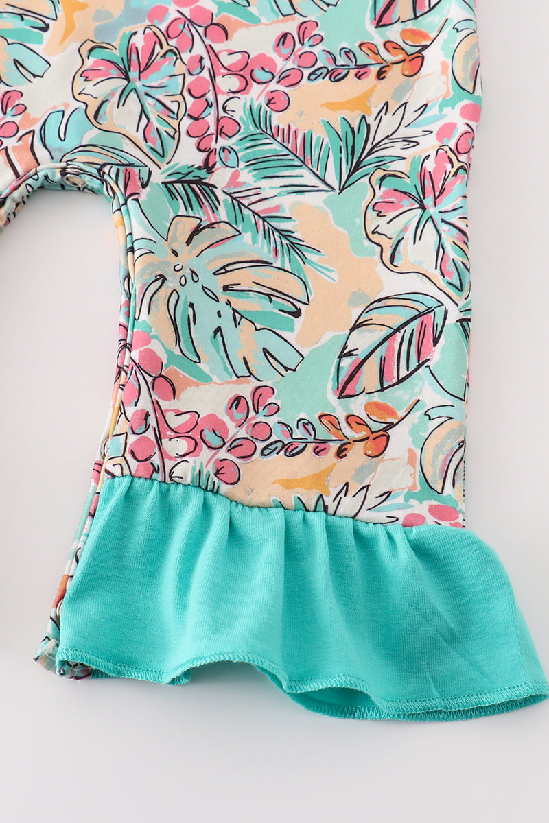 Teal floral print forest animal embroidery girl romper