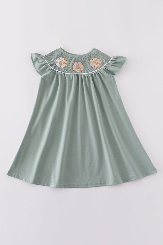 Sage sand dollar embroidery smocked girl dress