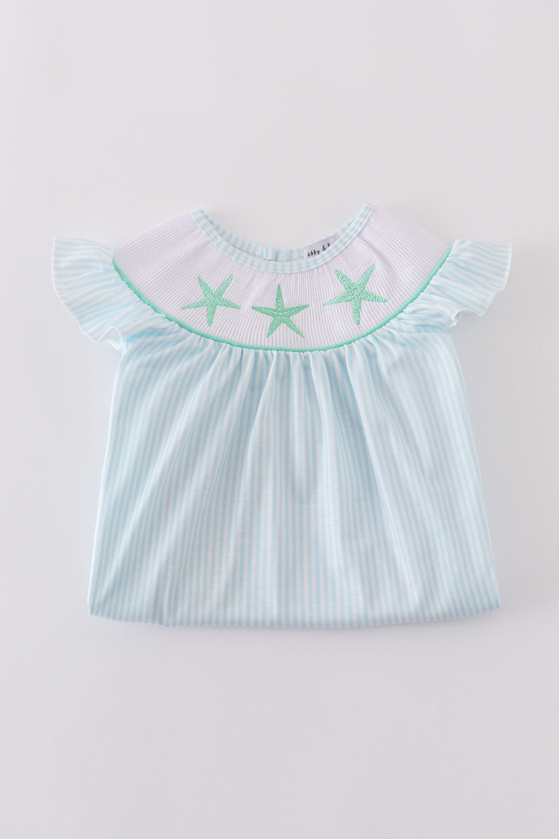 Blue stripe starfish embroidery smocked dress