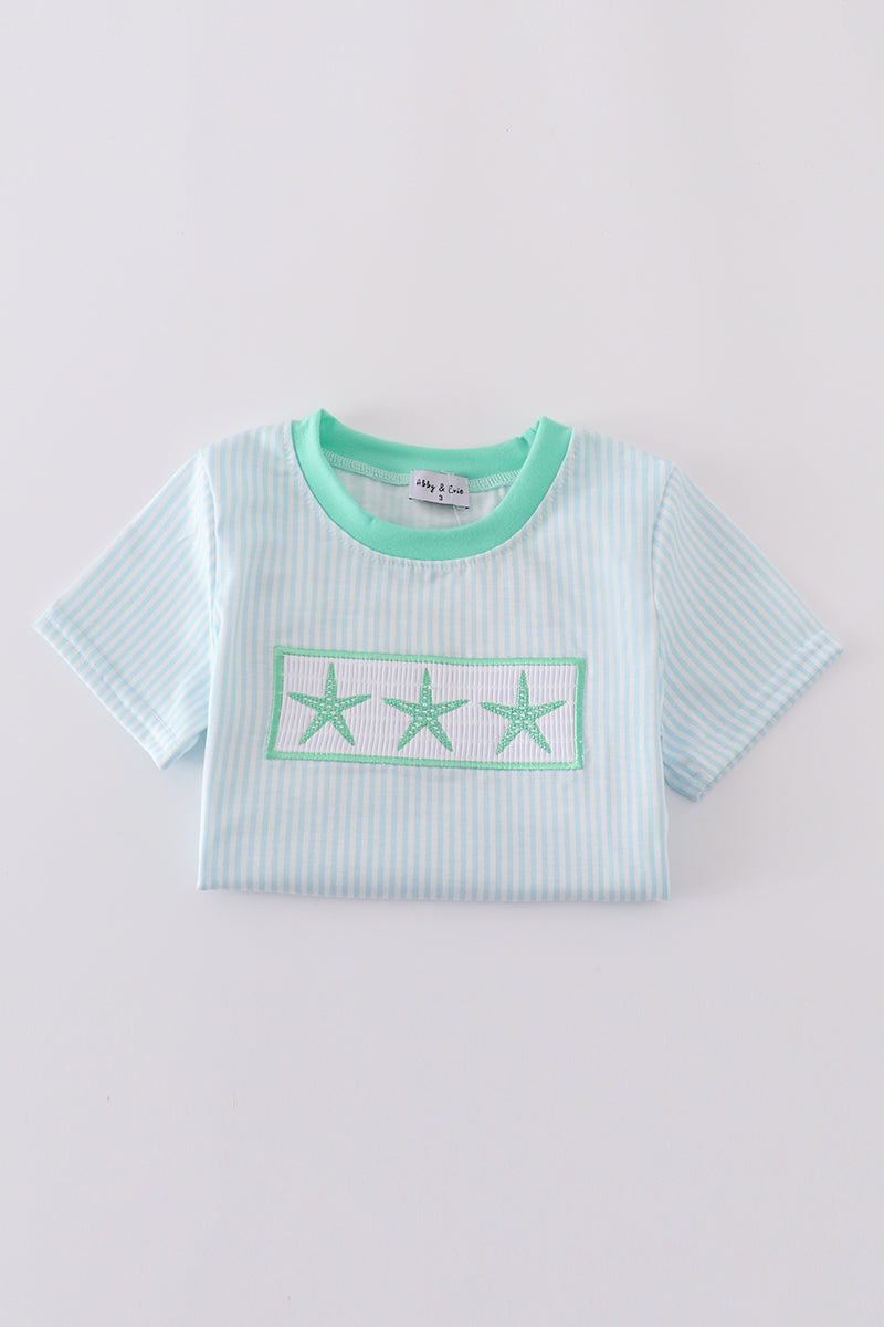 Blue stripe starfish embroidery smocked boy set