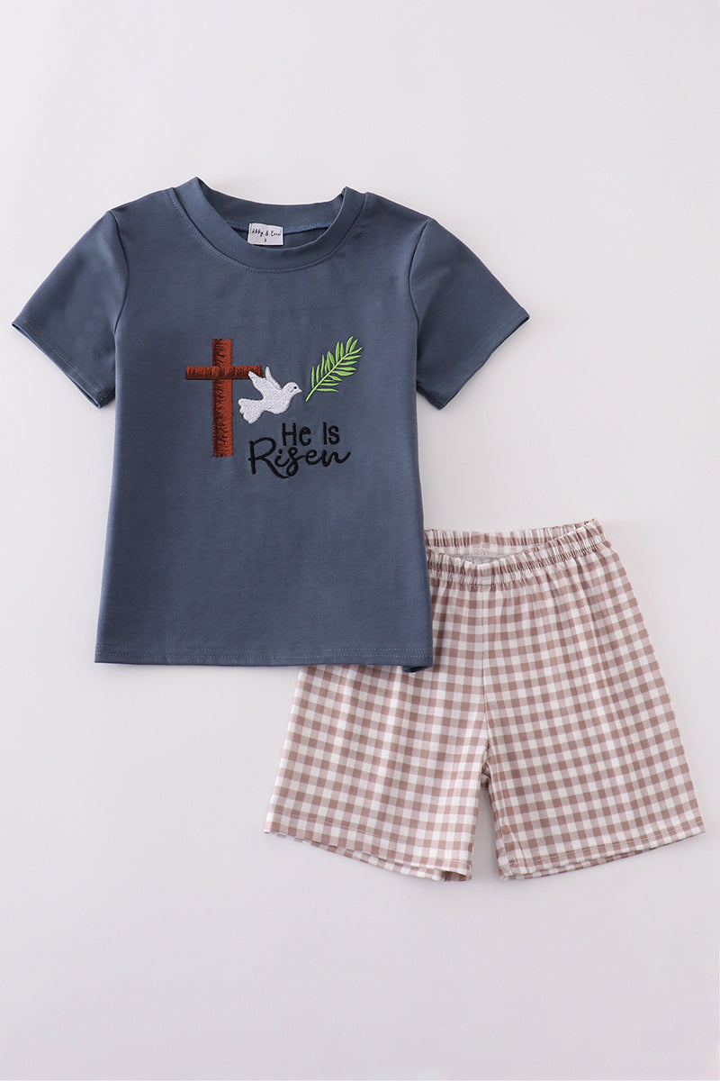 Blue he is risen embroidery boy set