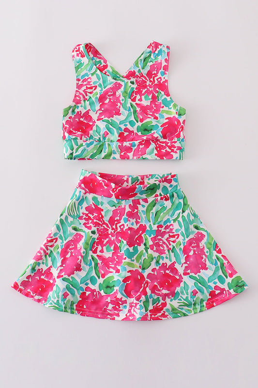 Pink paradise print tennis skort set