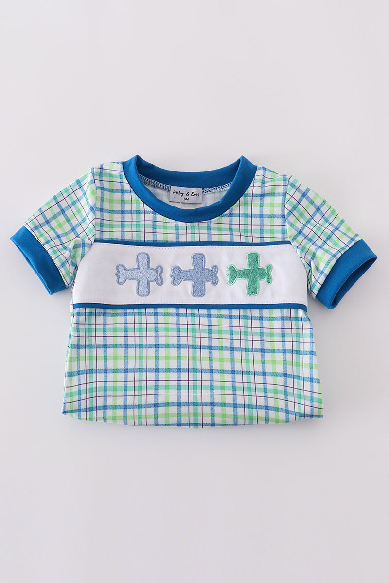 Blue plaid airplane embroidery bubble