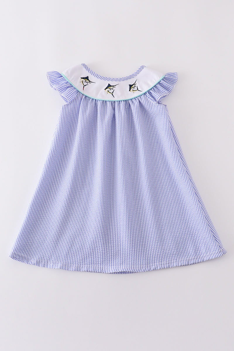 Blue stripe seersucker swordfish embroidery dress