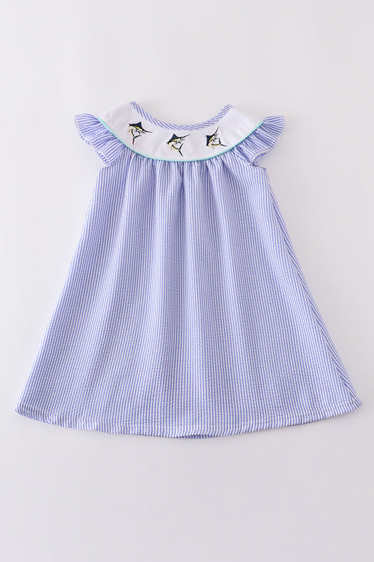 Blue stripe seersucker swordfish embroidery dress