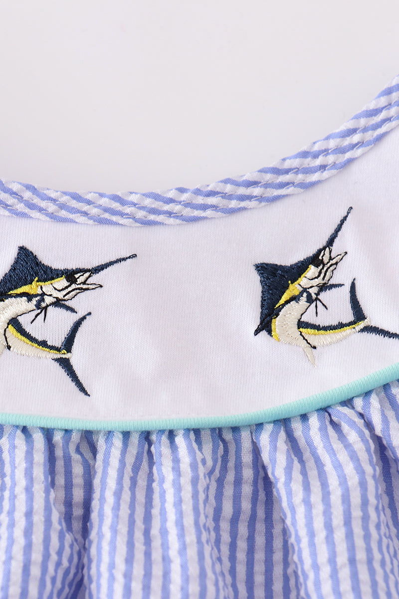 Blue stripe seersucker swordfish embroidery dress