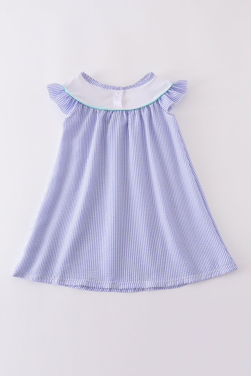 Blue stripe seersucker swordfish embroidery dress