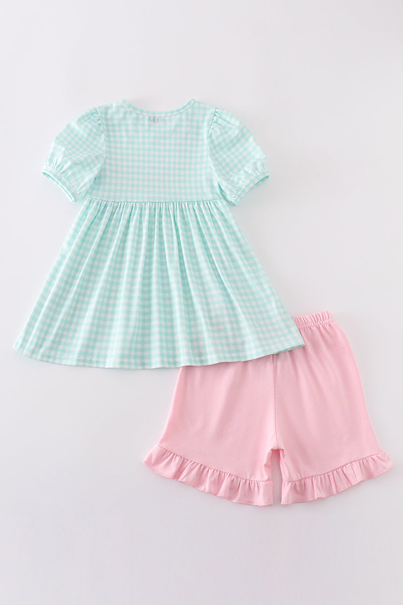 Blue princess embroidery girl gingham set