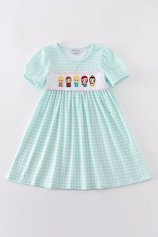 Blue princess embroidery girl gingham dress