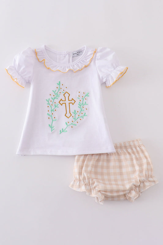 Easter cross embroidery girl bloomer set