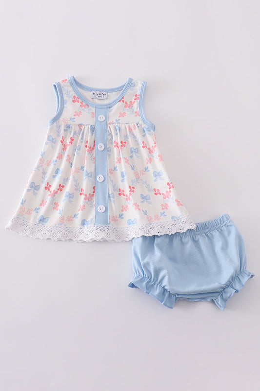 Blue bow lattice print  bloomer set