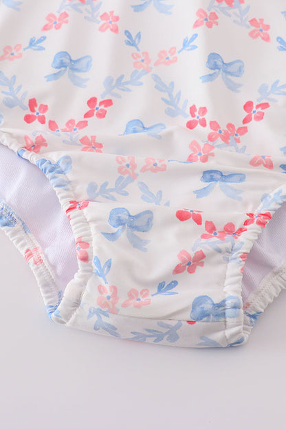 Blue bow lattice print  mom swimsuit