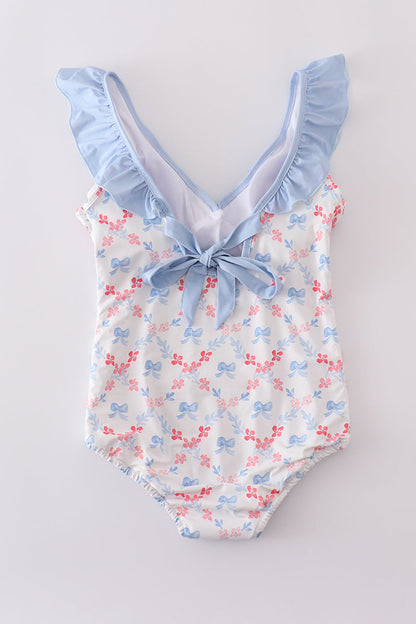Blue bow lattice print  mom swimsuit