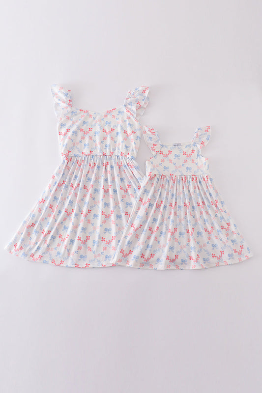 Blue bow lattice print  mom&me dress