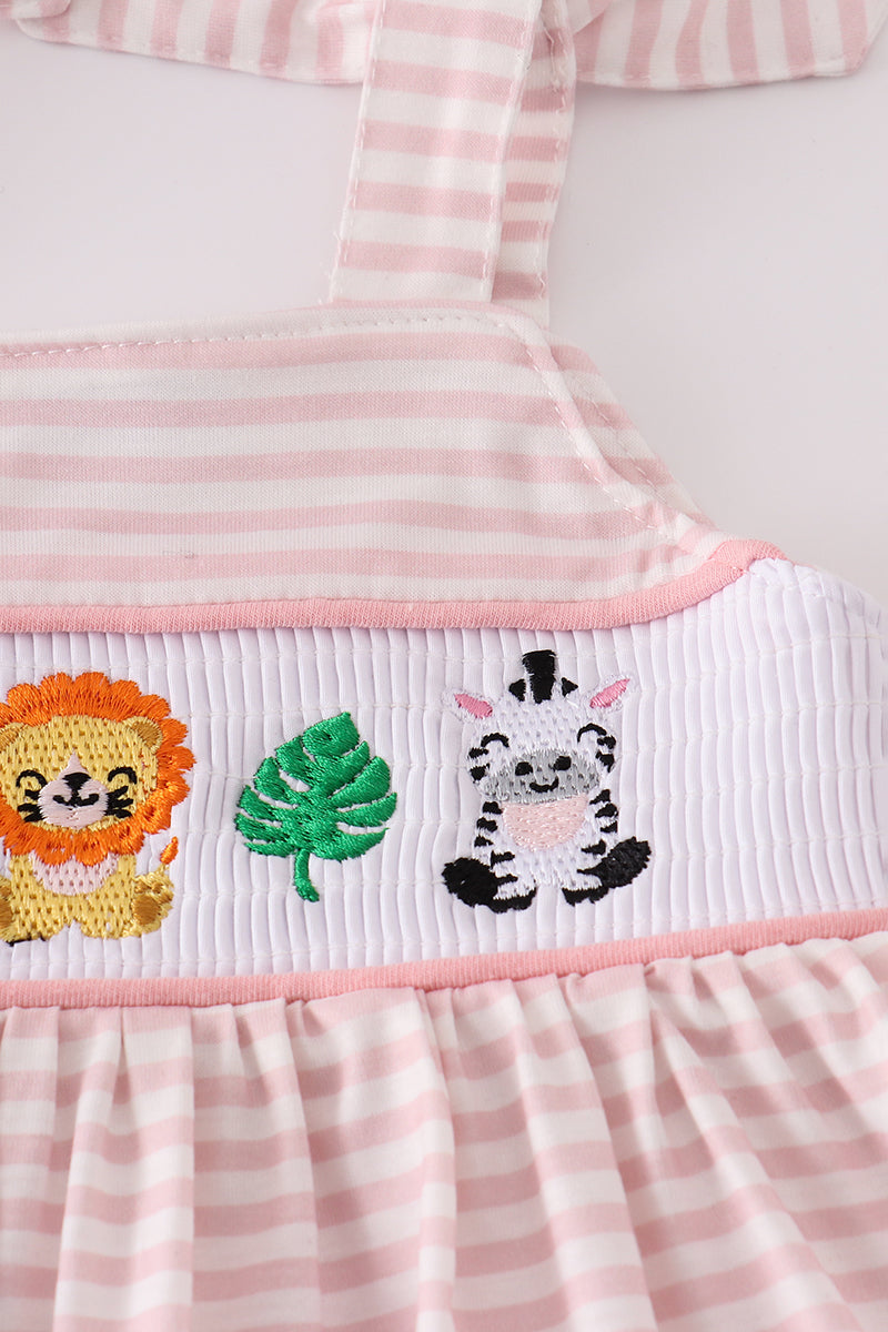 Pink stripe animal embroidery smocked bloomer set