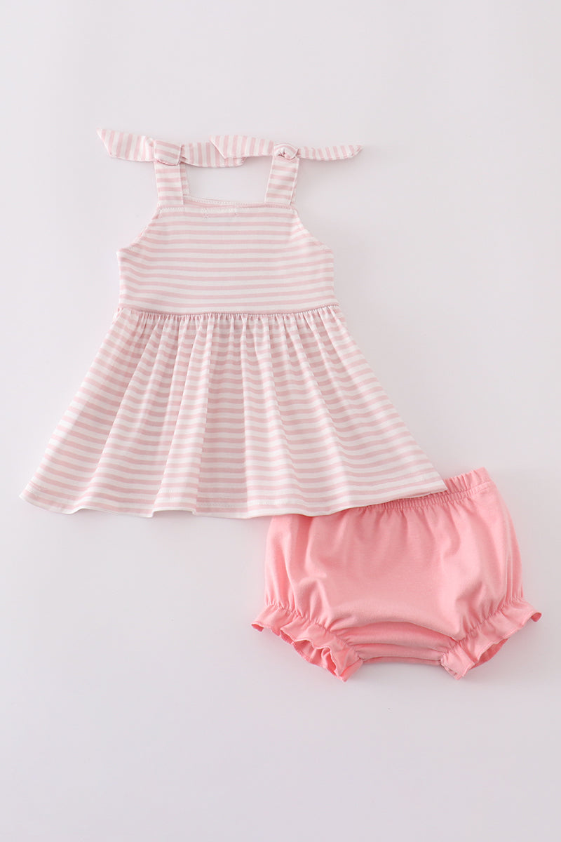 Pink stripe animal embroidery smocked bloomer set