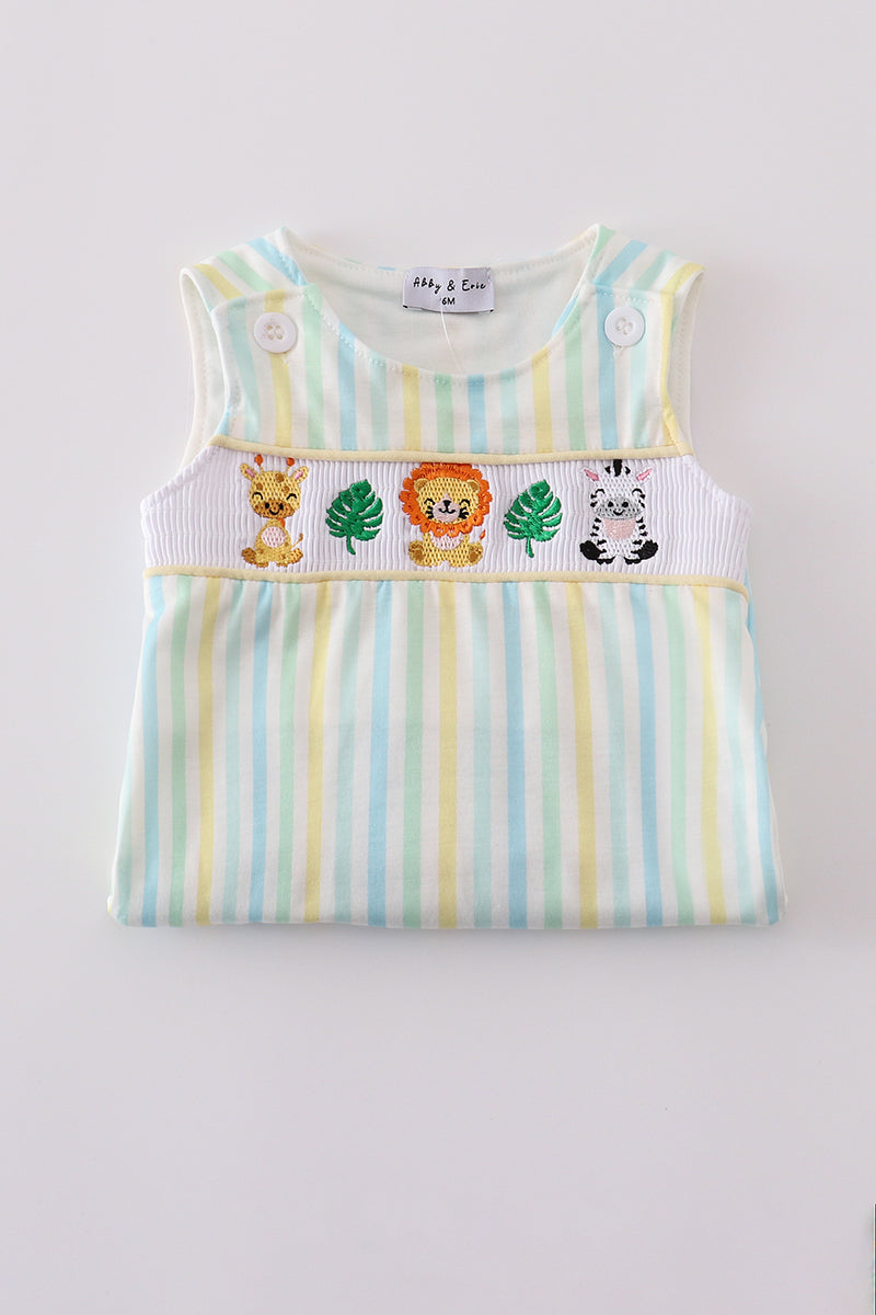 Yellow stripe animal embroidery smocked bubble