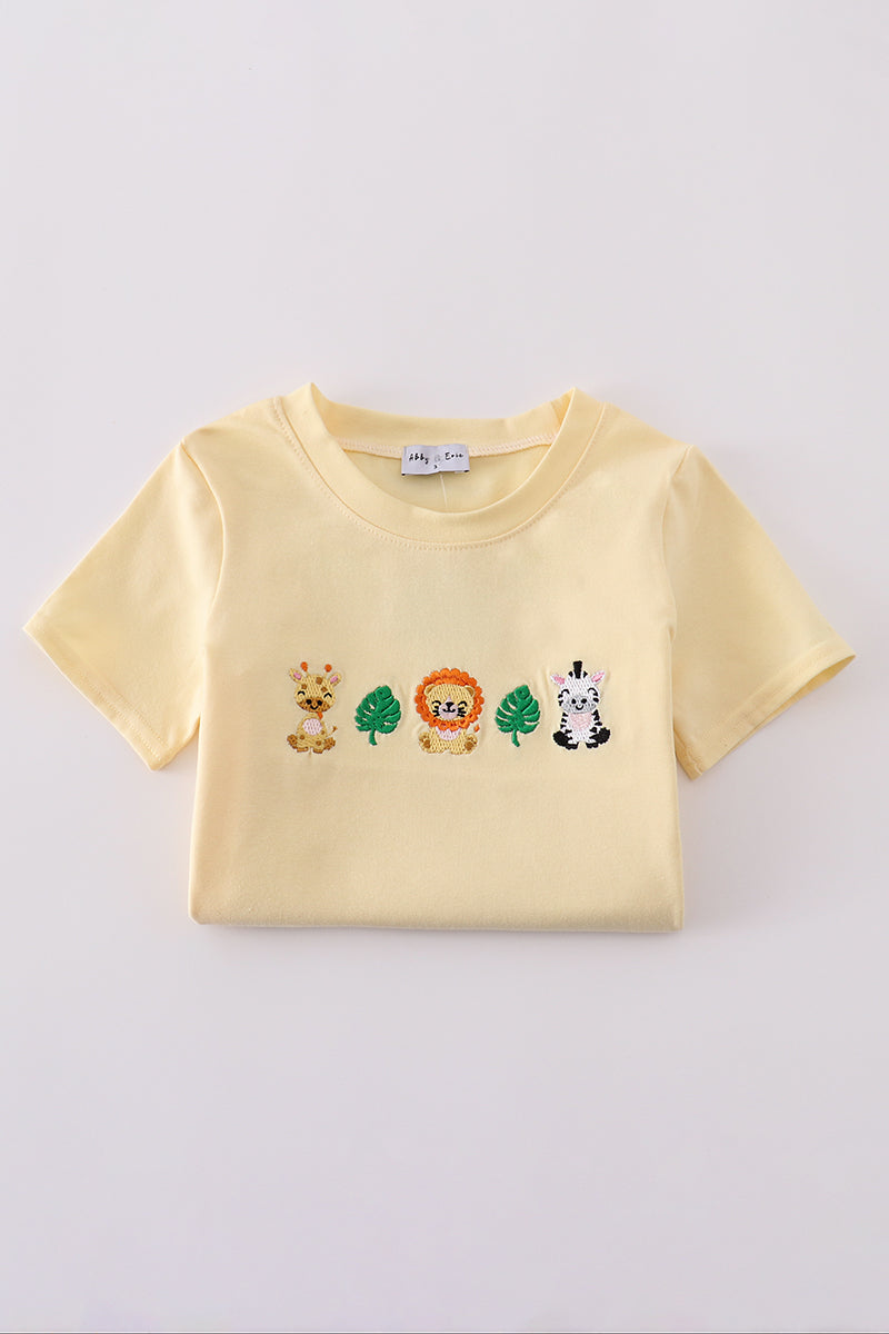 Yellow stripe animal embroidery smocked set