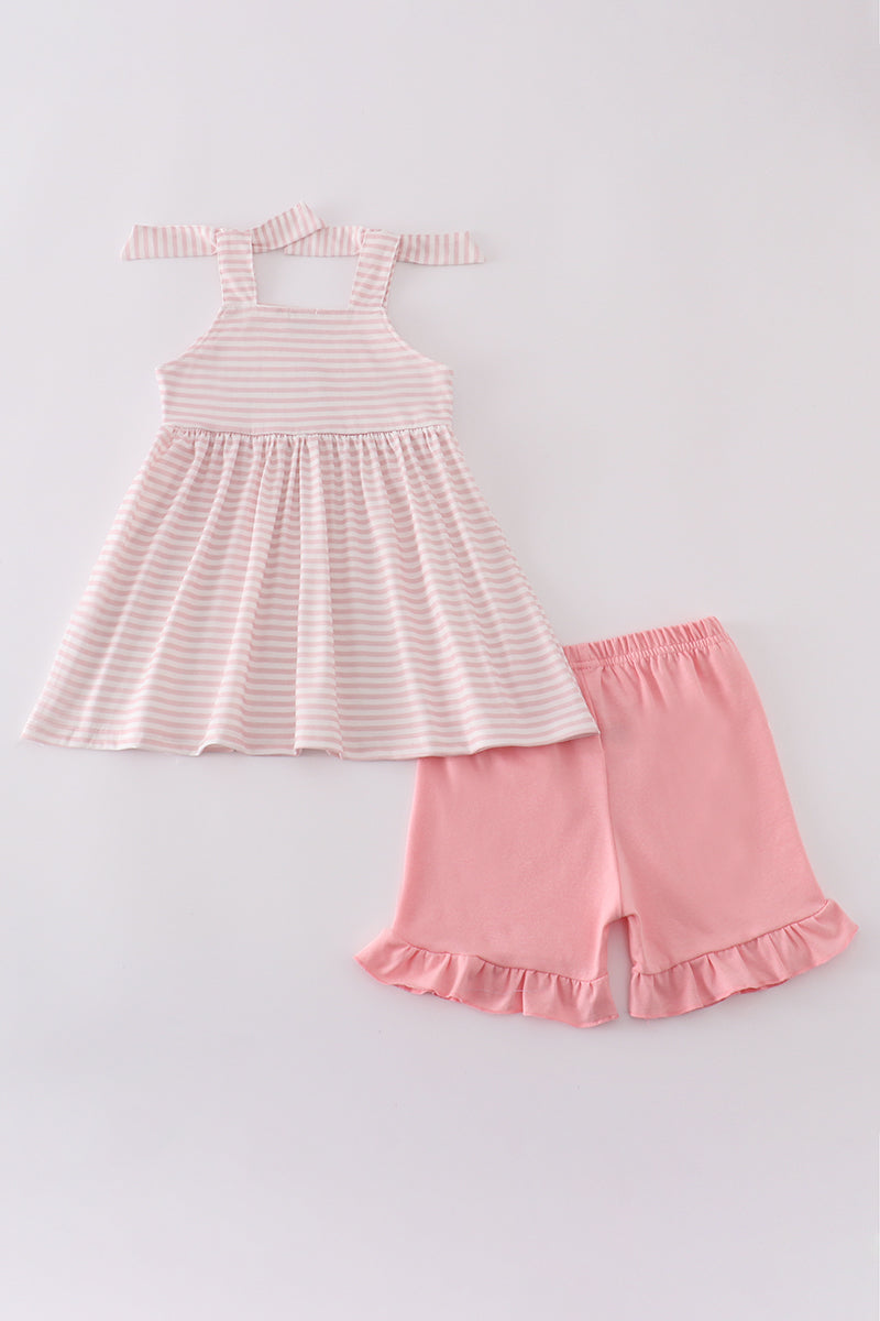 Pink stripe animal embroidery smocked set