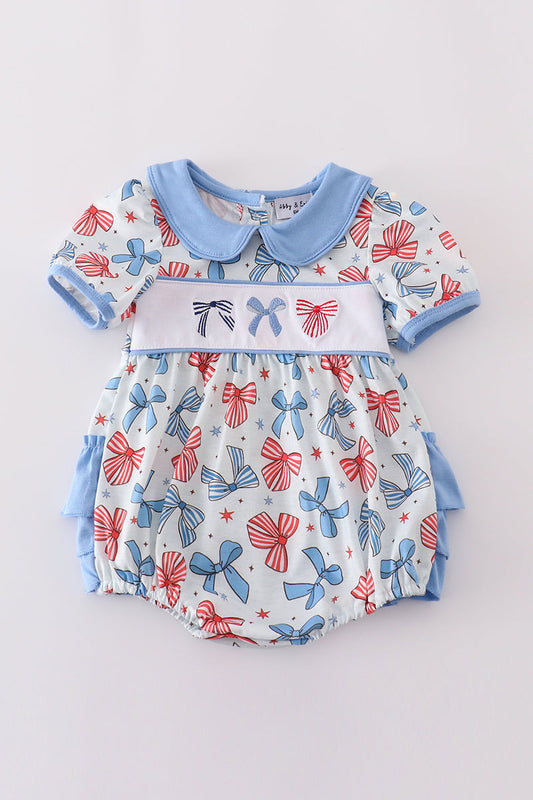 Bow trellis print embroidery ruffle bubble