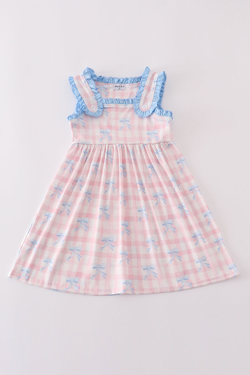 Pink plaid bow print gingham dress