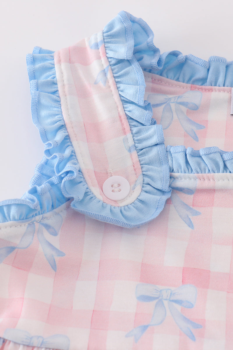 Pink plaid bow print gingham shorts set