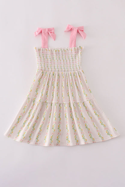Pink lemon print bow smocked tiered mom&me dress