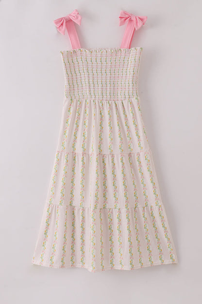 Pink lemon print bow smocked tiered mom&me dress