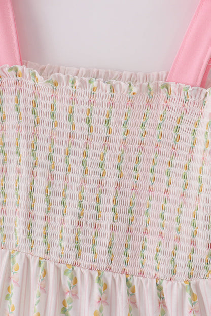 Pink lemon print bow smocked tiered mom&me dress