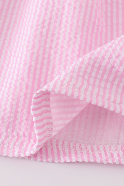 Pink stripe seersucker sailboat embroidery smocked dress