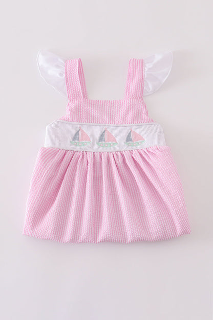 Pink stripe seersucker sailboat embroidery smocked dress