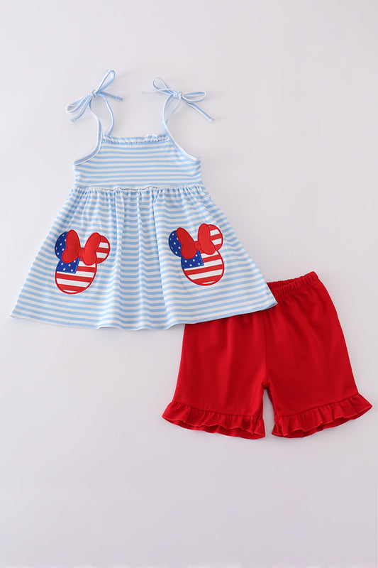 Blue&red character applique shorts set