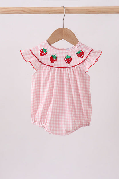 Pink strawberry embroidery gingham bubble