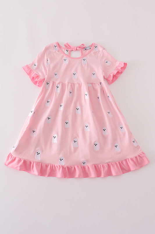Pink ghost embroidery ruffle dress