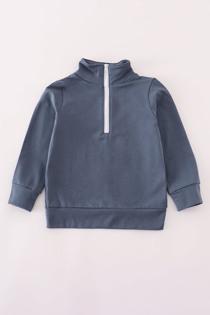 Navy character embroidery zip pull over
