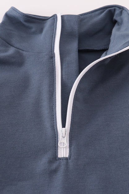 Navy character embroidery zip pull over