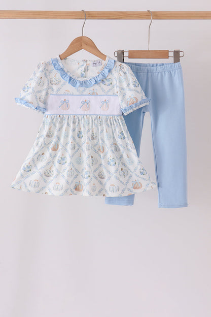 Blue pumpkin embroidery ruffle pants set
