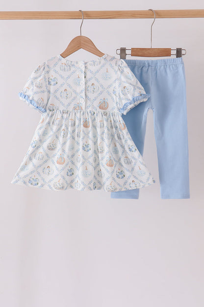 Blue pumpkin embroidery ruffle pants set