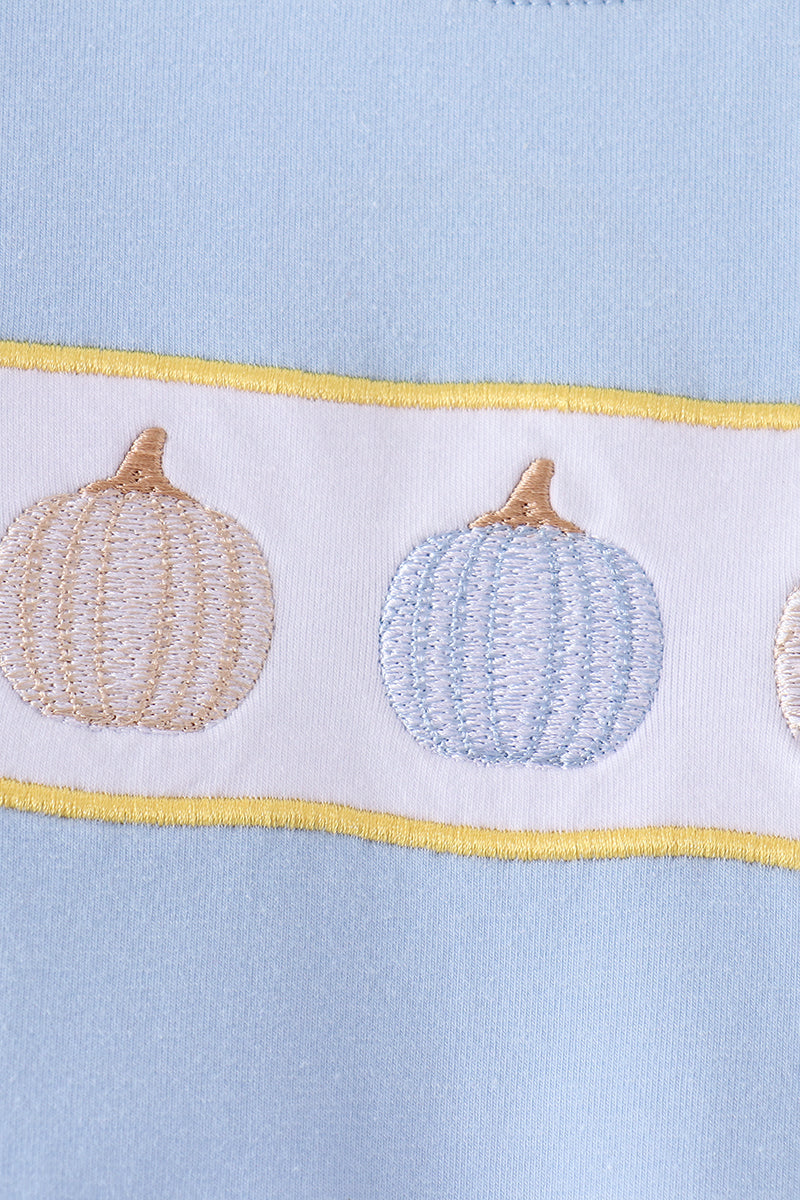 Blue pumpkin embroidery romper