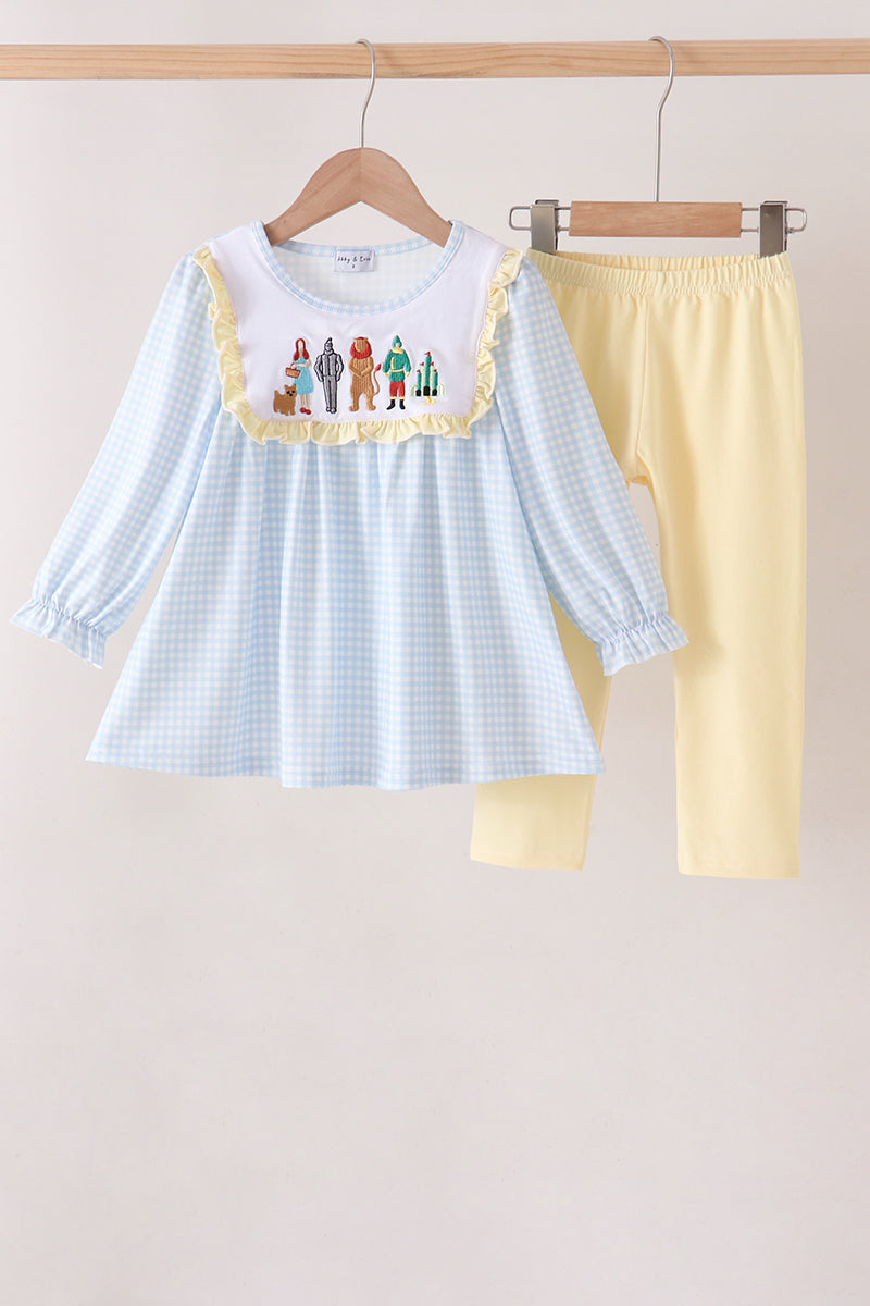 Blue character embroidery gingham ruffle pants set