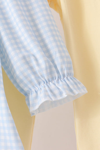 Blue character embroidery gingham ruffle pants set
