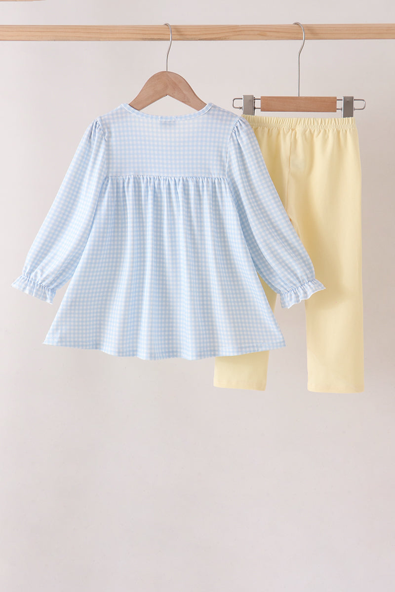 Blue character embroidery gingham ruffle pants set