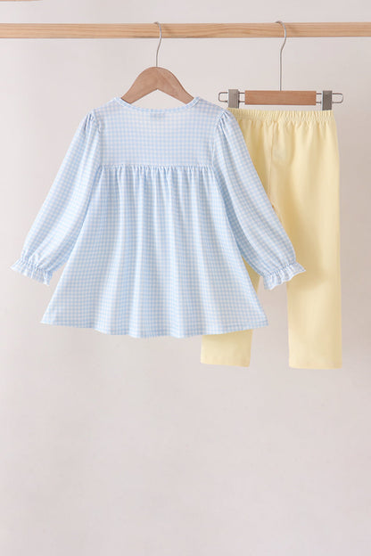 Blue character embroidery gingham ruffle pants set