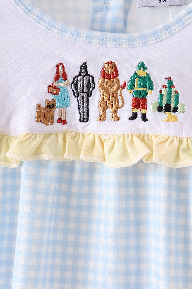 Blue character embroidery gingham ruffle bubble