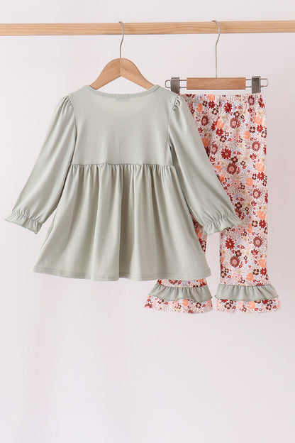 Sage Turkey Applique Ruffle Pants Set